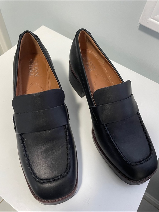 Crown Vintage Shoes - Black Leather women’s stacked heel Penny Loafers